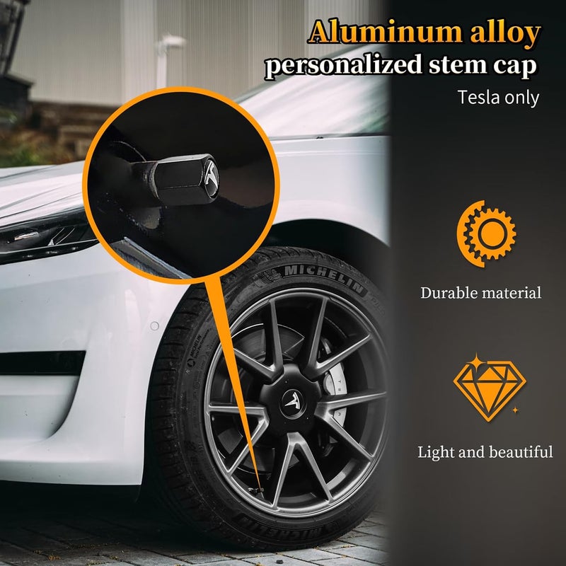 Eaglewireless 5 Pack Tire Valve Stem Caps Leakproof Aluminum Chrome Tire Valve Caps with Rubber O-Rings Compatible with for Tesla Model 3, S, X, Y (White Logo) - Image 3